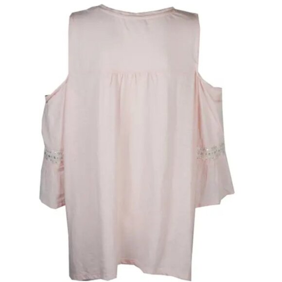 Style & Co Peasant Cold Shoulder Top - Pink with Silver and White Accents - Picture 3 of 11